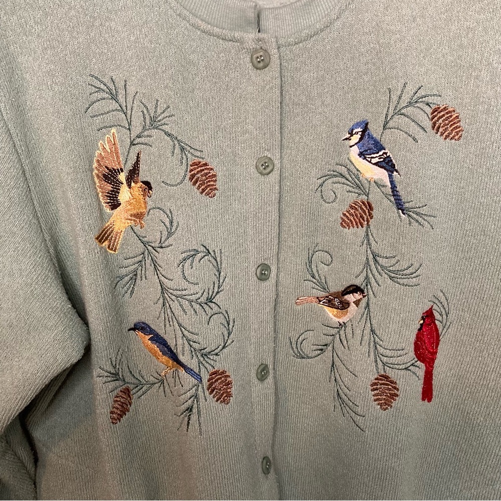 Vintage Bon Worth Embroidered Birds Knit Cardigan Grandmacore Blue Green - Picture 2 of 10